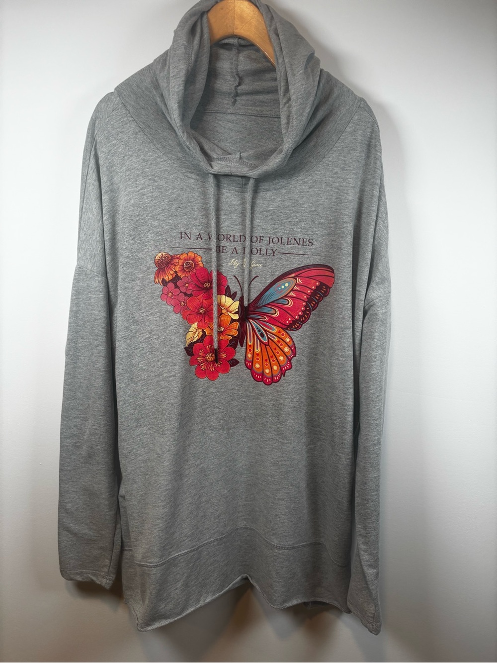 DOLLY PARTON Jolene Floral Butterfly Hi/Lo Hem Hoodie XXL NEW/NWOT Gorgeous Grey
